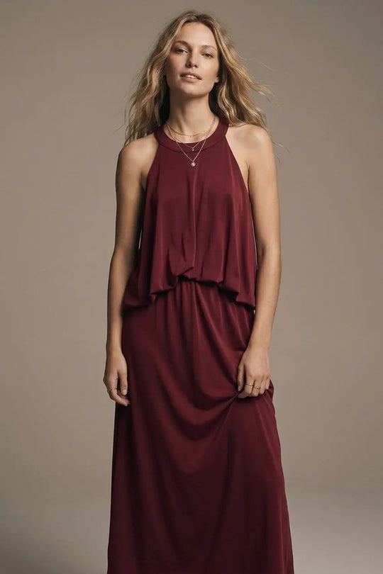 soft stretch fabric Halter Neck Maxi Dress in Burgundy - Dresses