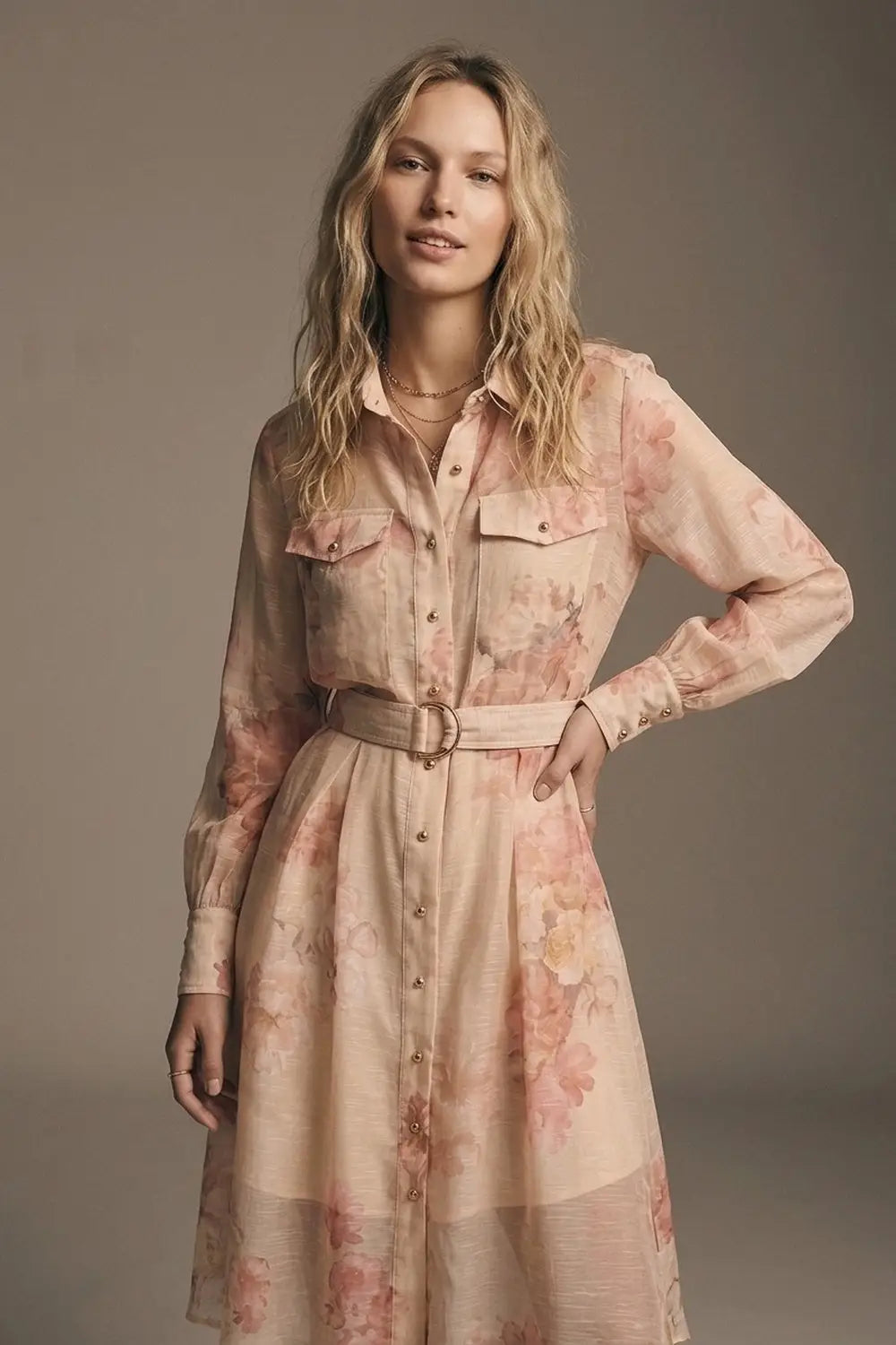 Beige Floral Print Chiffon Belted Midi Shirt Dress with Gold Buttons - Dresses