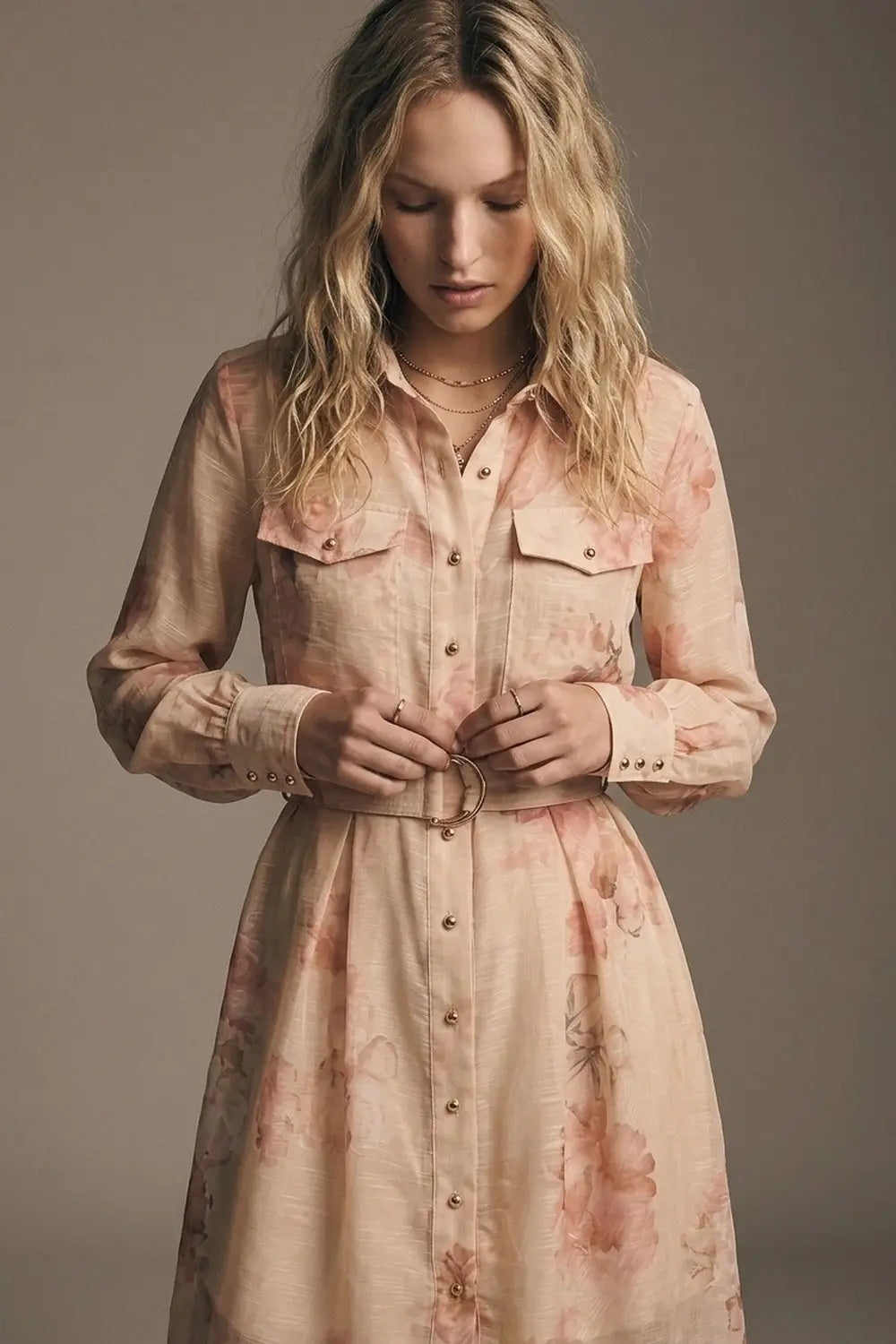 Beige Floral Print Chiffon Belted Midi Shirt Dress with Gold Buttons - Dresses