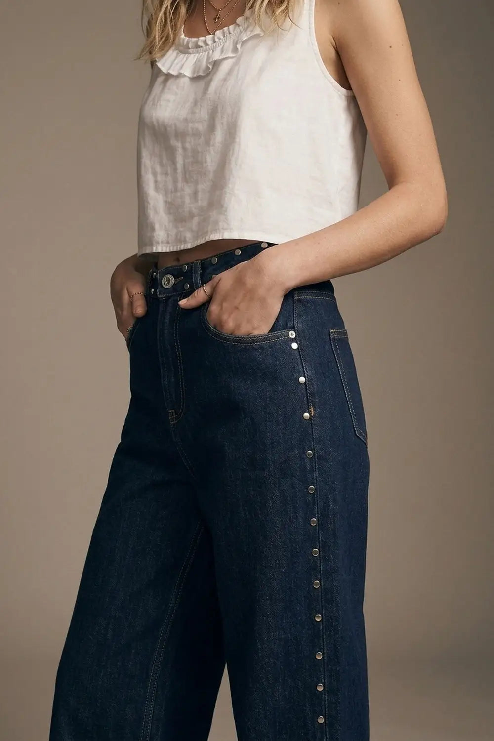 Dark Blue Wide Leg Studded Denim Jeans