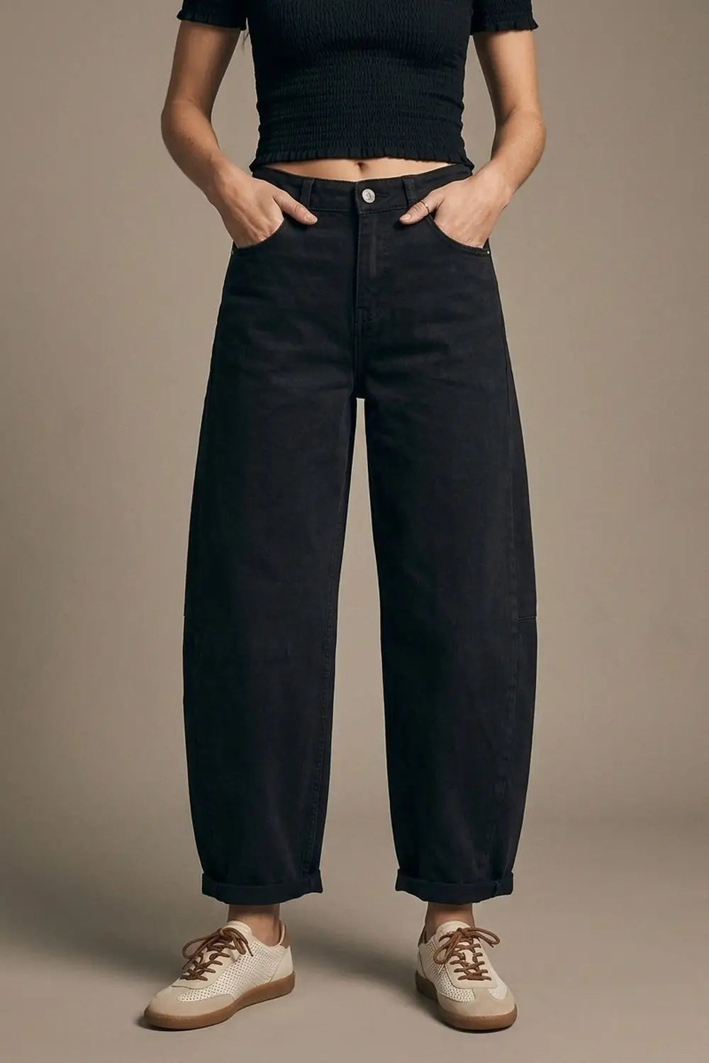Black Wide-Leg Barrel style Pants with Rolled Hems - Pants Colored Jeans