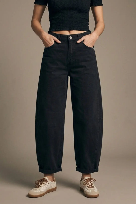 Black Wide-Leg Barrel style Pants with Rolled Hems - Pants Colored Jeans