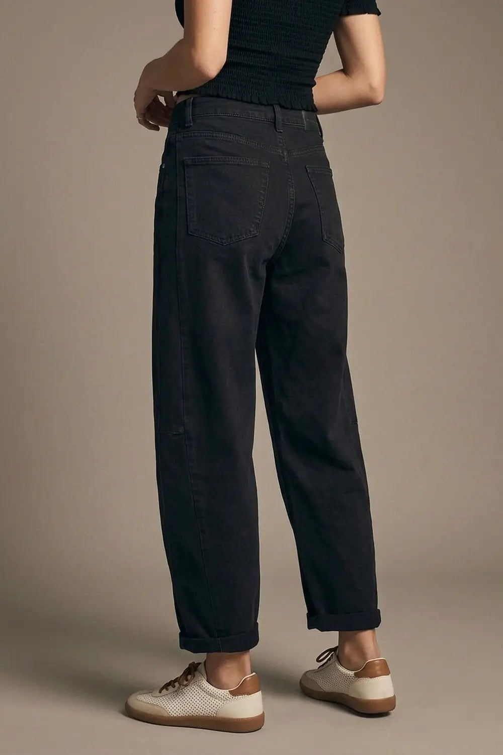 Black Wide-Leg Barrel style Pants with Rolled Hems - Pants Colored Jeans