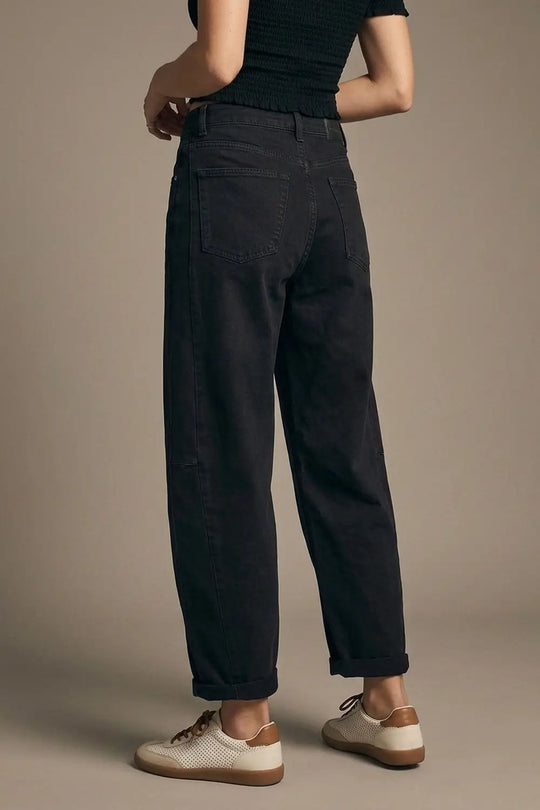 Black Wide-Leg Barrel style Pants with Rolled Hems - Pants Colored Jeans