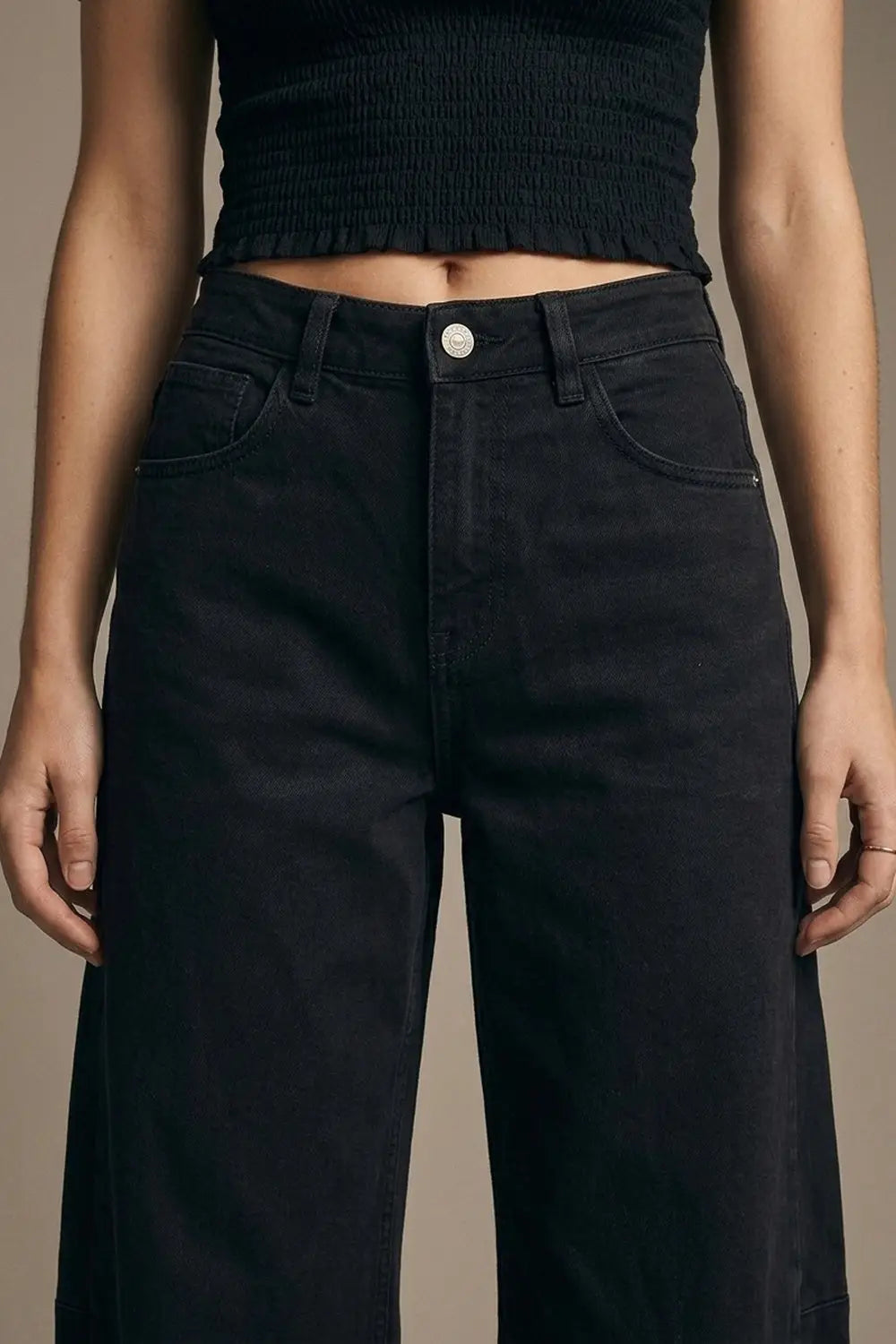 Black Wide-Leg Barrel style Pants with Rolled Hems - Pants Colored Jeans