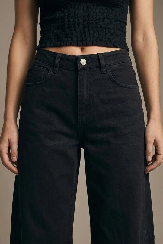 Black Wide-Leg Barrel style Pants with Rolled Hems - Pants Colored Jeans