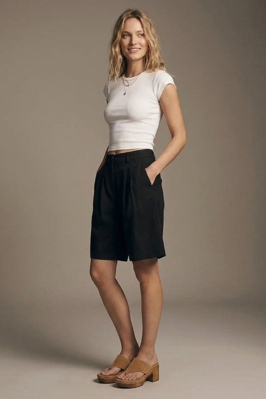 Black Pleated Bermuda Shorts with Knee-Length and Tailored Fit - Pants