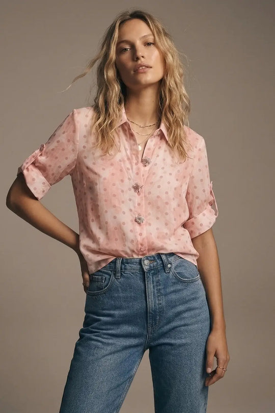 Light Pink Polka-Dot Chiffon Shirt with Crystal Buttons details - Shirts