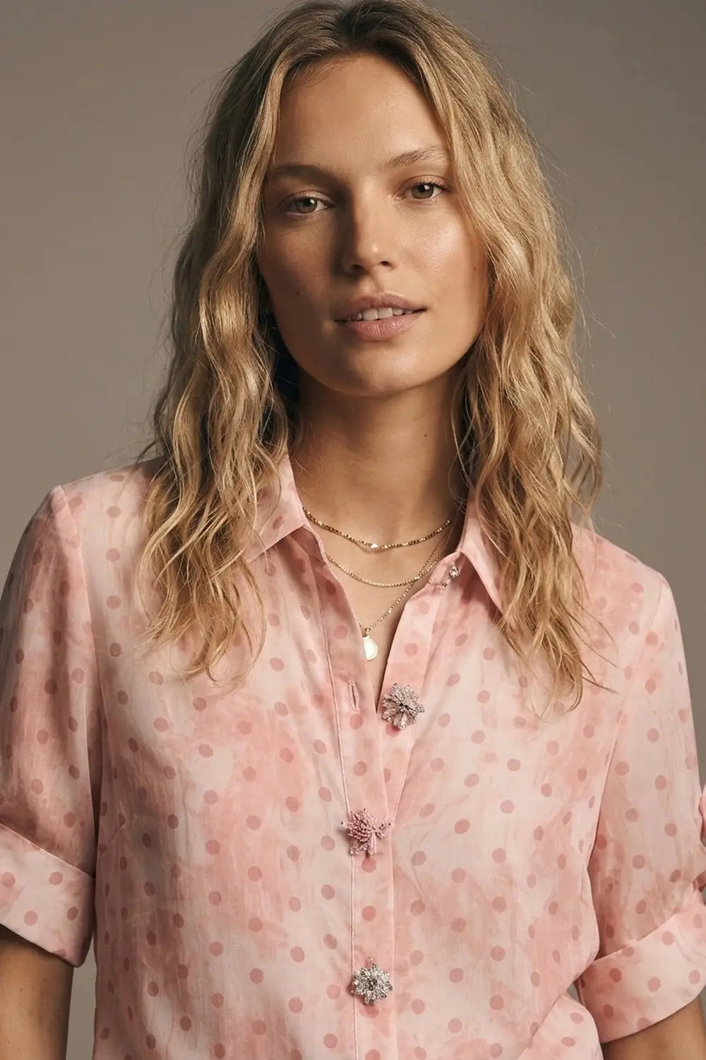 Light Pink Polka-Dot Chiffon Shirt with Crystal Buttons details - Shirts