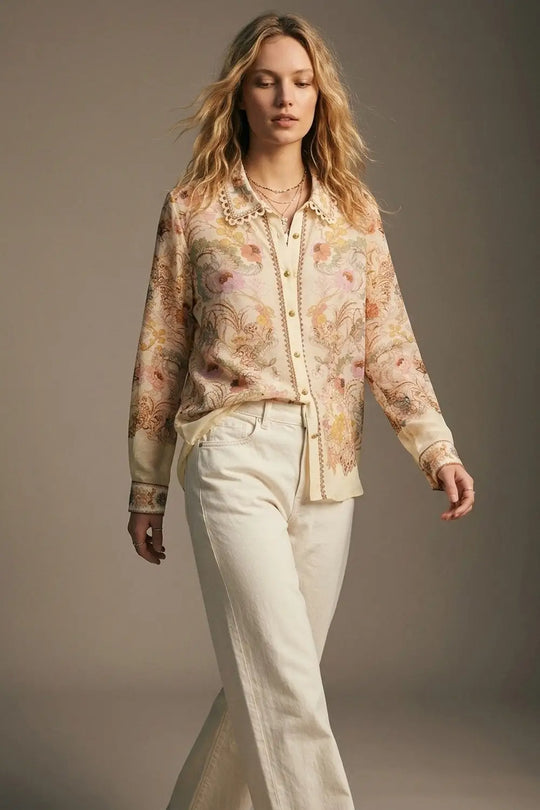 Butter yellow Floral Print shirt with Lace Trim detail - Shirts