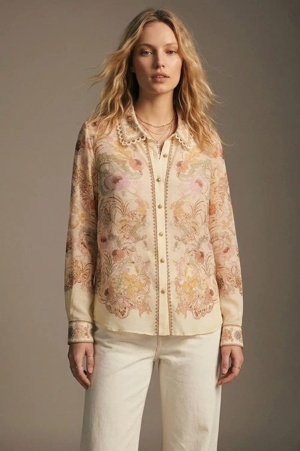 Butter yellow Floral Print shirt with Lace Trim detail - Shirts
