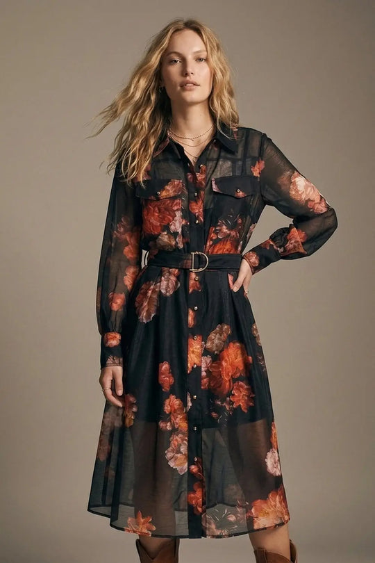 Black Floral Print Sheer Belted Midi Shirt Dress Long Sleeves - Dresses