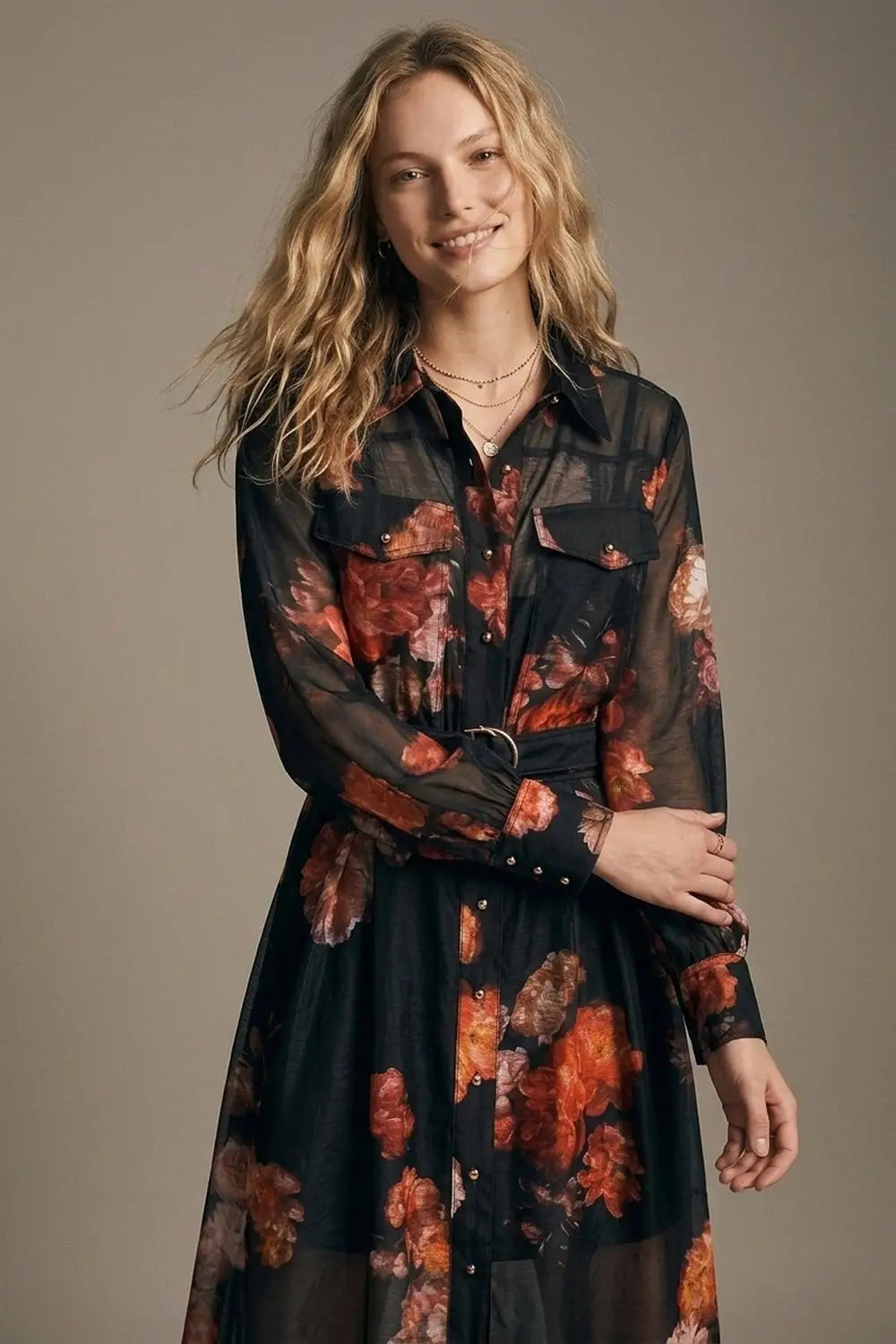 Black Floral Print Sheer Belted Midi Shirt Dress Long Sleeves - Dresses
