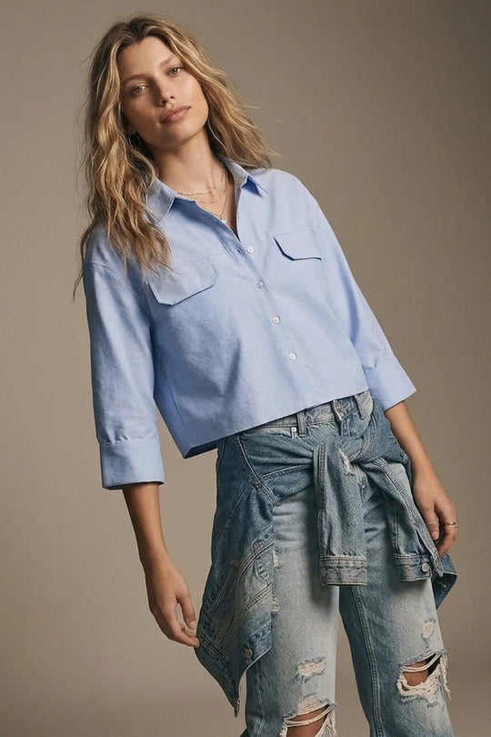 Light Blue oxford fabric Cropped Shirt with 3/4 sleeves - BLUE / ONE - Shirts