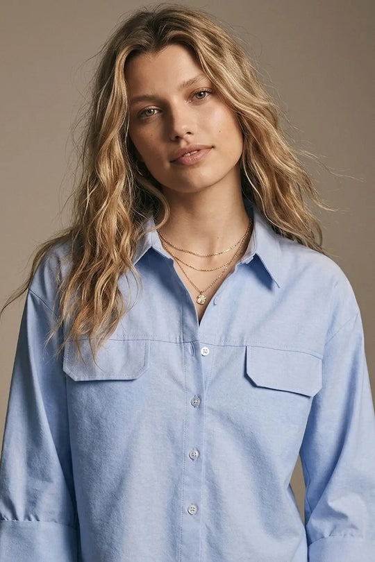 Light Blue oxford fabric Cropped Shirt with 3/4 sleeves - BLUE / ONE - Shirts