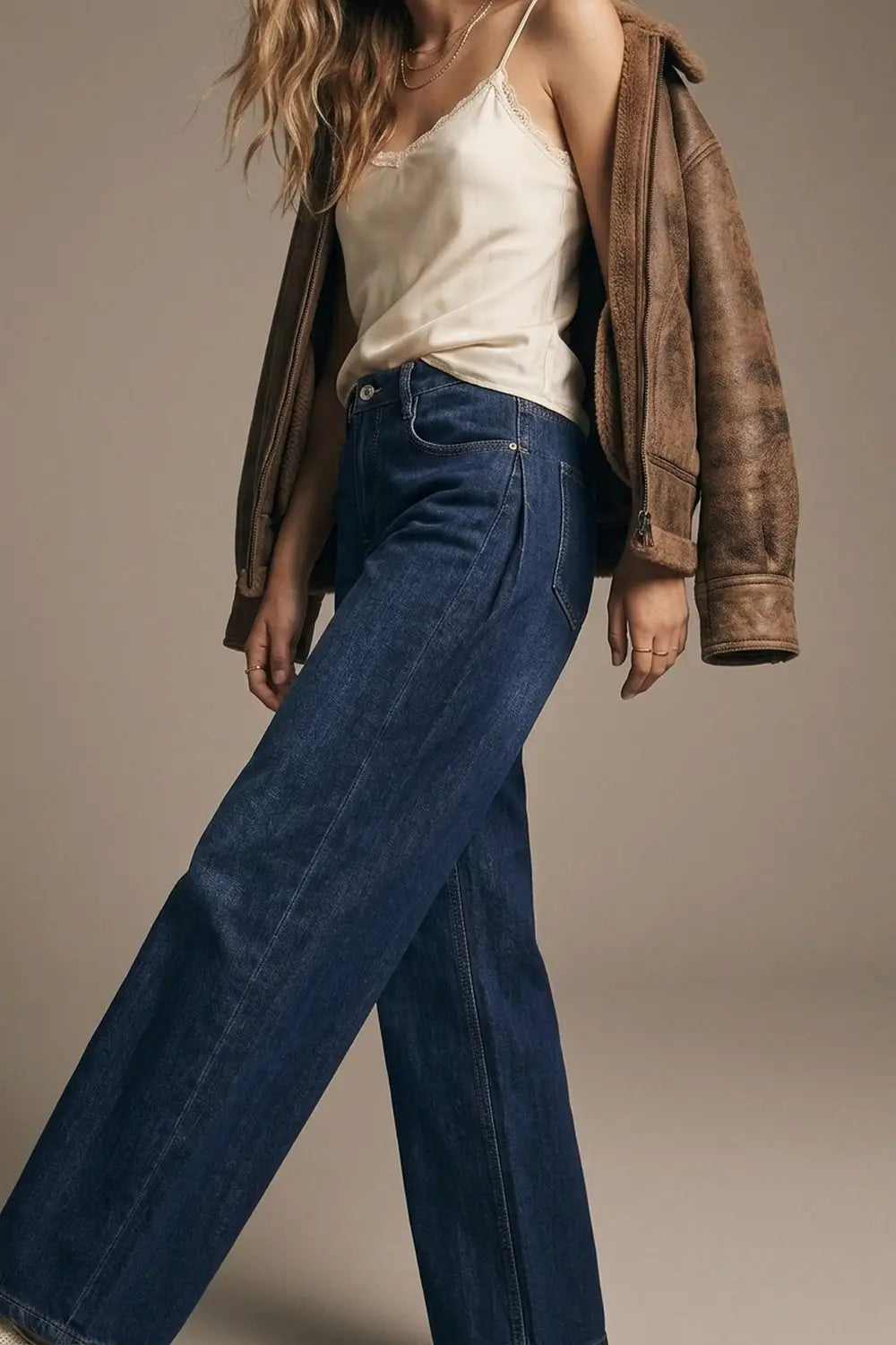 Wide Leg Jeans With Side Dart Detail in Deep Blue