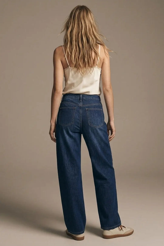 Wide Leg Jeans With Side Dart Detail in Deep Blue
