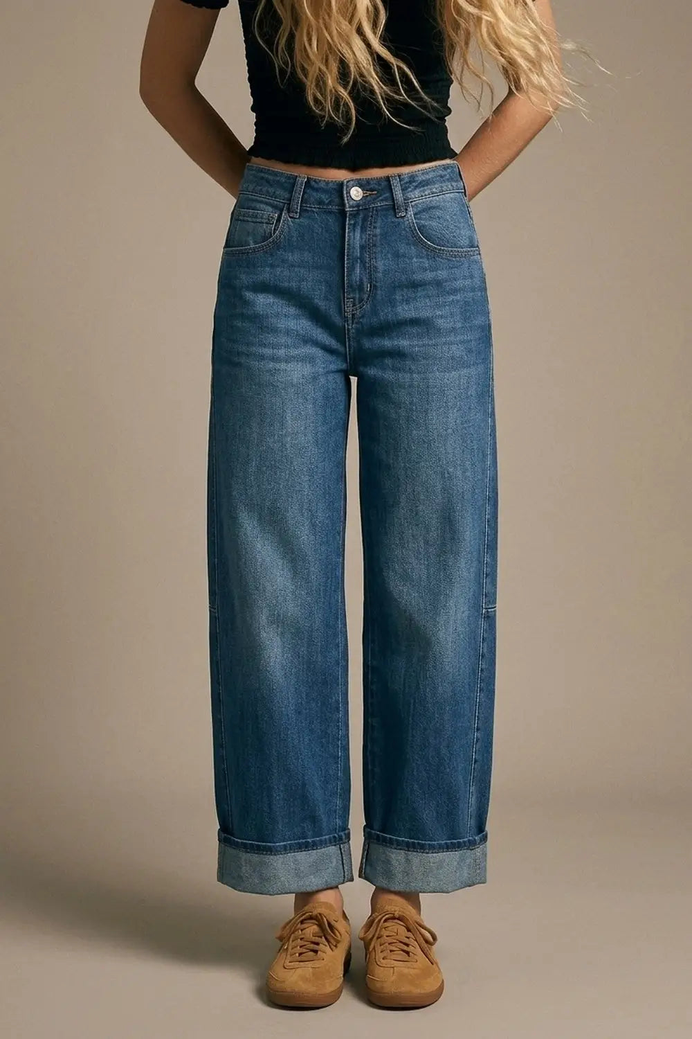 Barrel Style Denim Jeans in Medium Wash with Cuffed Hem
