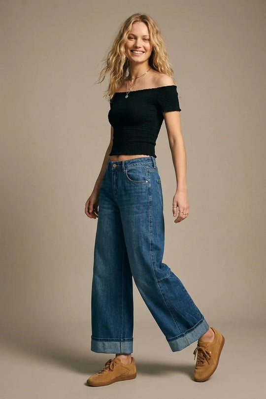 Barrel Style Denim Jeans in Medium Wash with Cuffed Hem