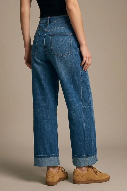 Barrel Style Denim Jeans in Medium Wash with Cuffed Hem