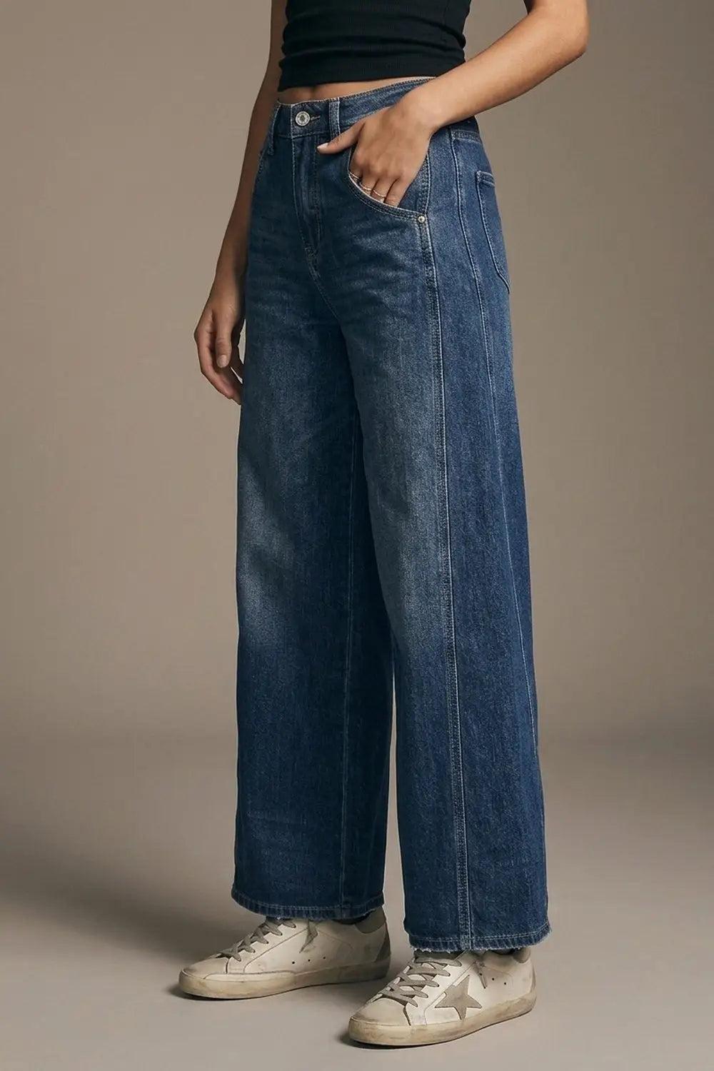 Extra Wide Leg Jeans In Mid Wash with side pockets