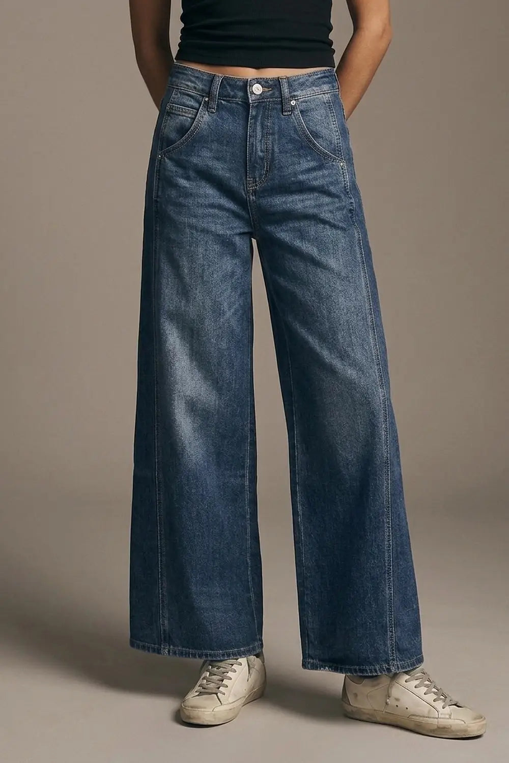Extra Wide Leg Jeans In Mid Wash with side pockets