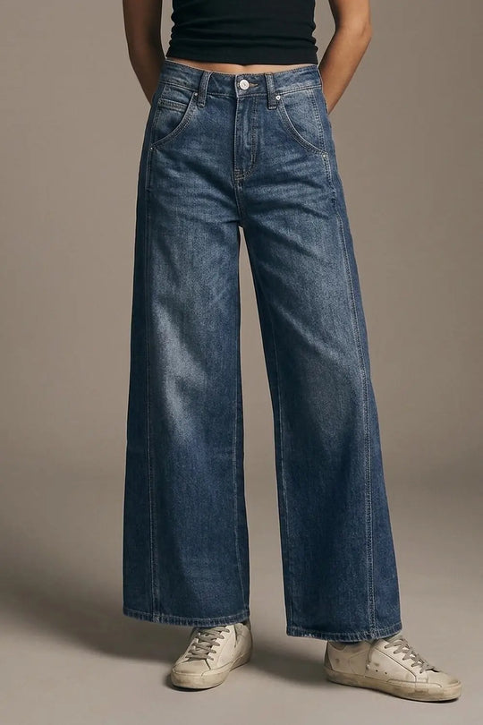 Extra Wide Leg Jeans In Mid Wash with side pockets