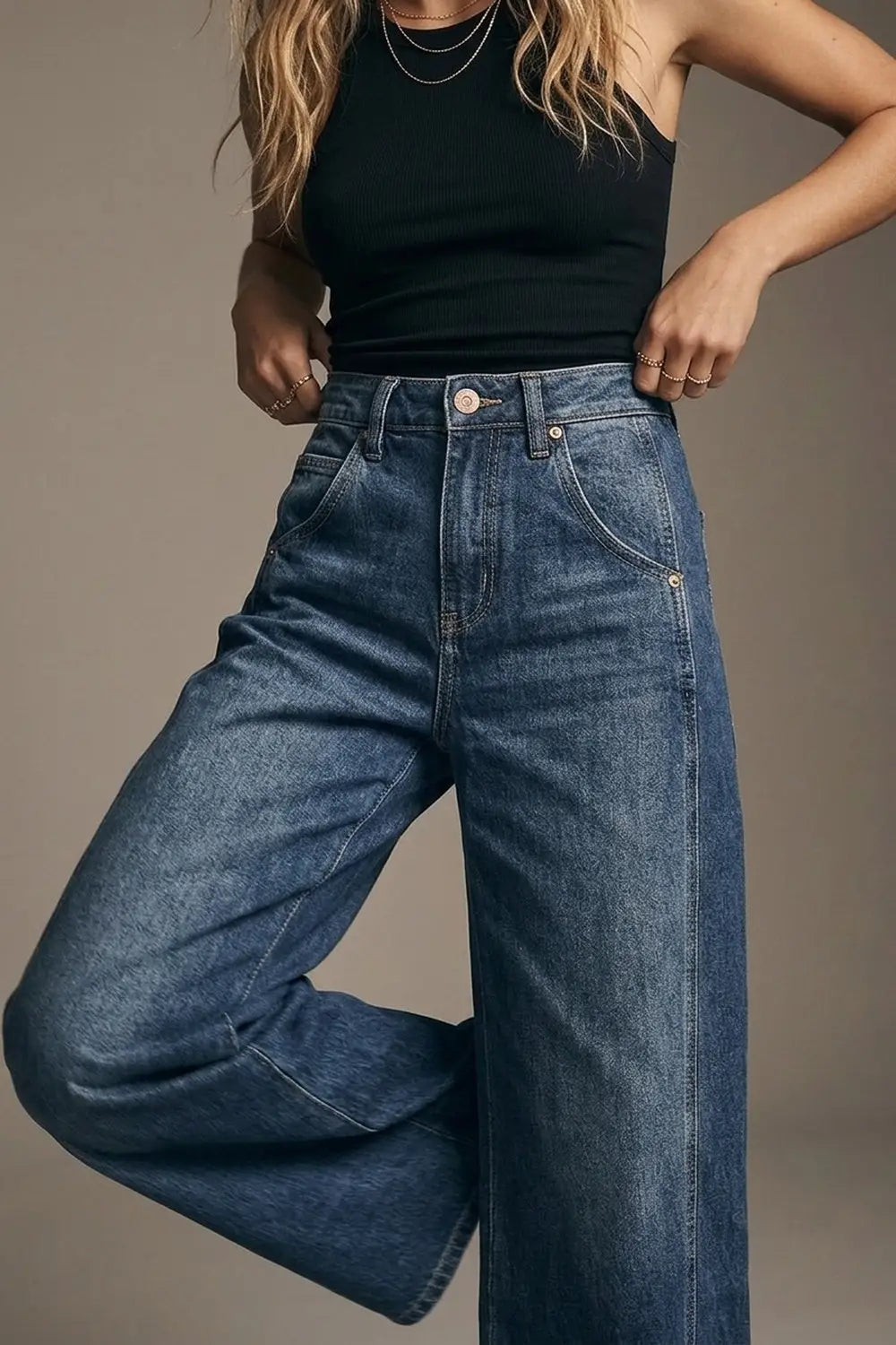 Extra Wide Leg Jeans In Mid Wash with side pockets