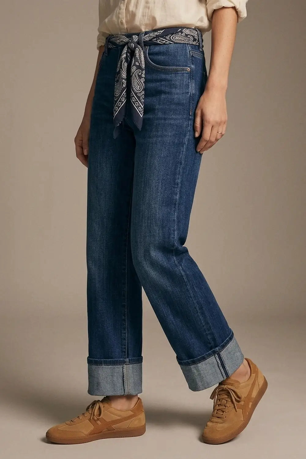 Straight Jeans with Folded Hem in Mid Blue Wash