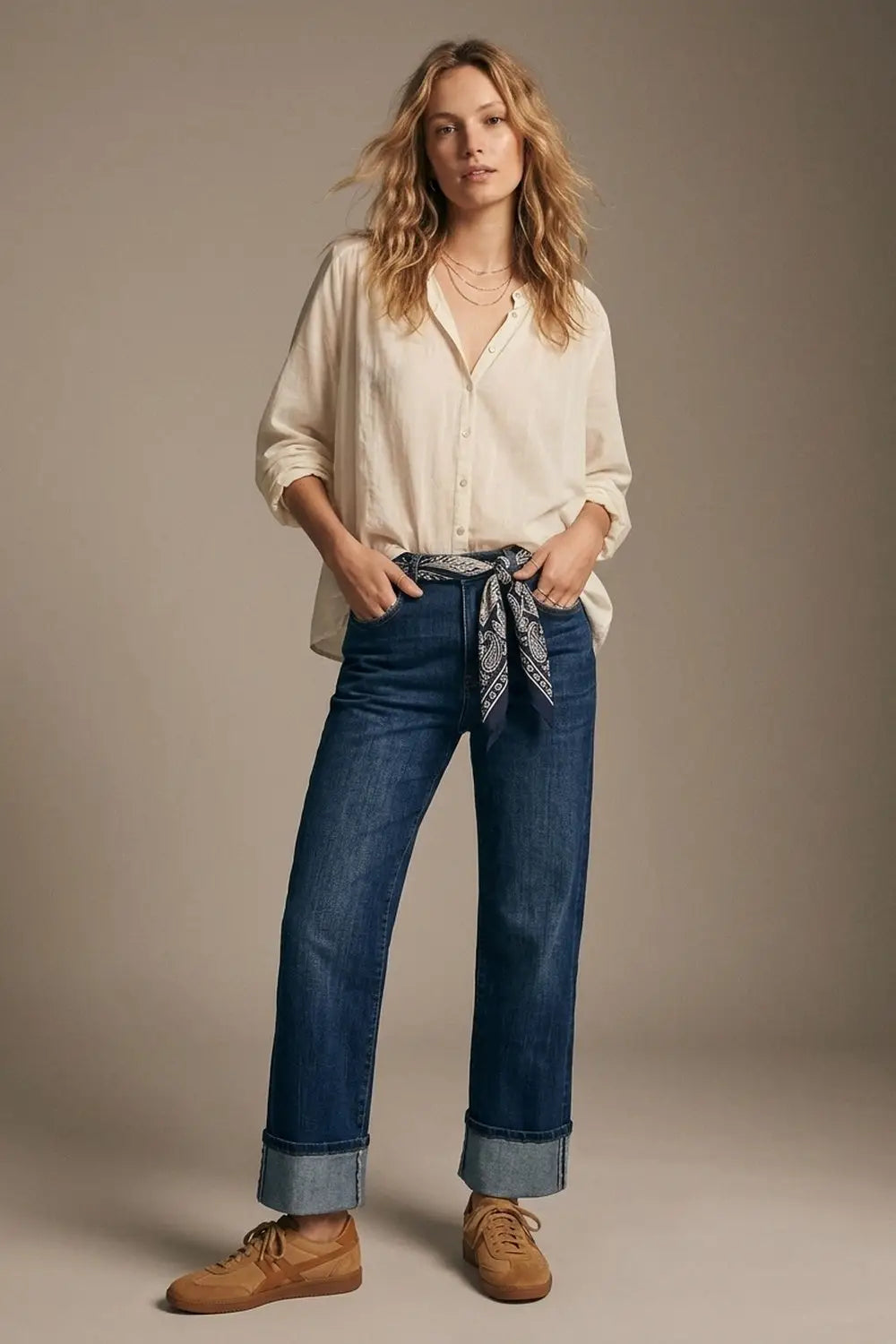 Straight Jeans with Folded Hem in Mid Blue Wash