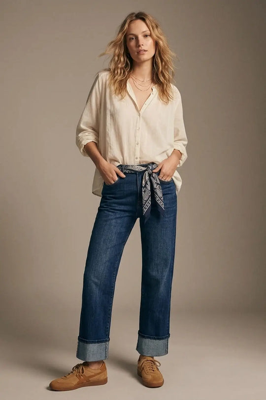 Straight Jeans with Folded Hem in Mid Blue Wash
