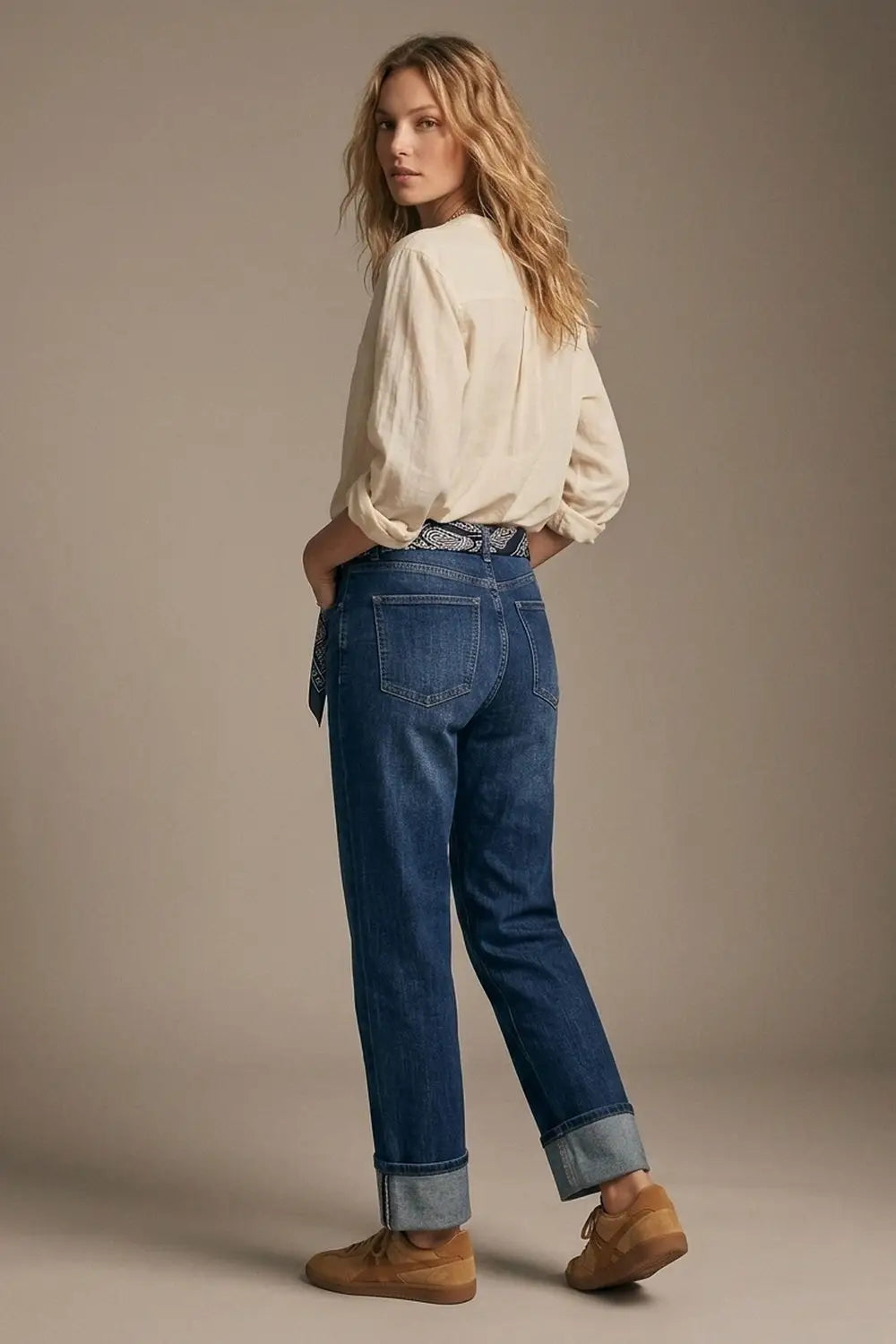 Straight Jeans with Folded Hem in Mid Blue Wash