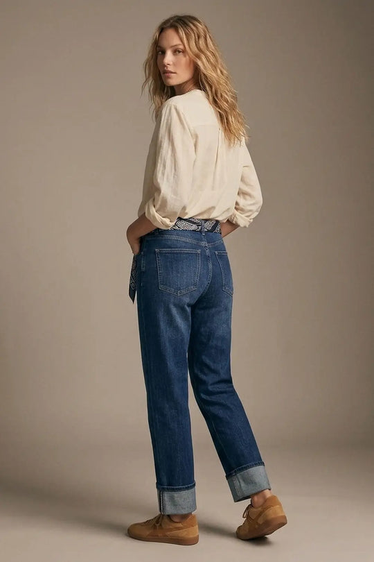 Straight Jeans with Folded Hem in Mid Blue Wash