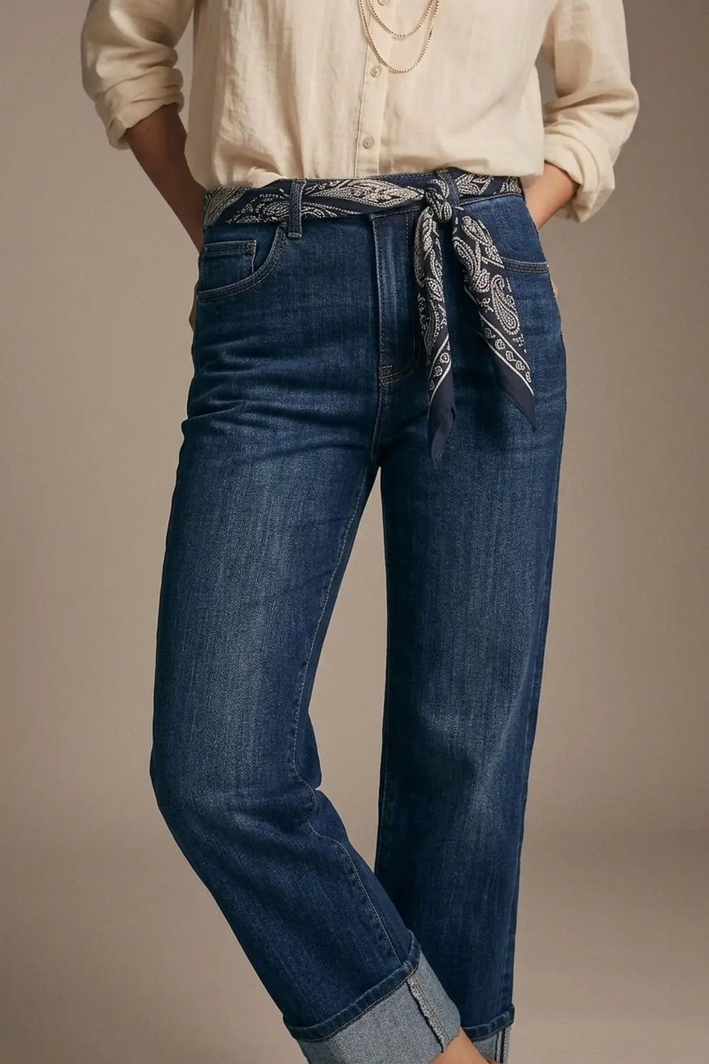 Straight Jeans with Folded Hem in Mid Blue Wash