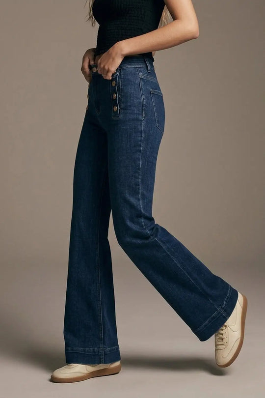 Marine Flare Jeans With Button Detailing in Mid wash