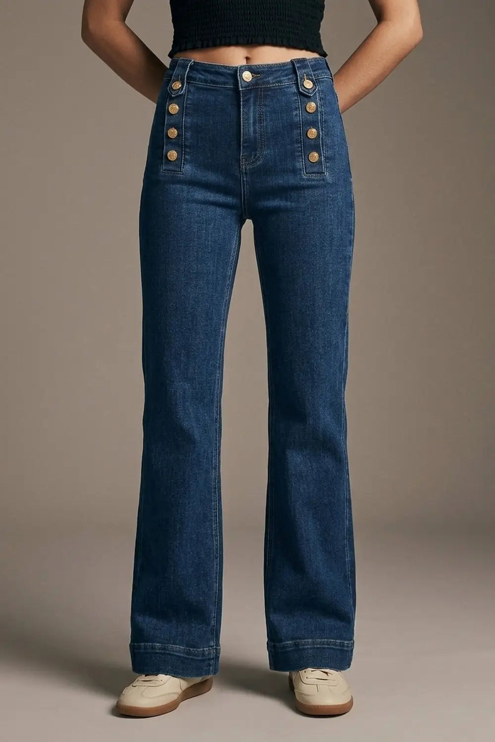 Marine Flare Jeans With Button Detailing in Mid wash