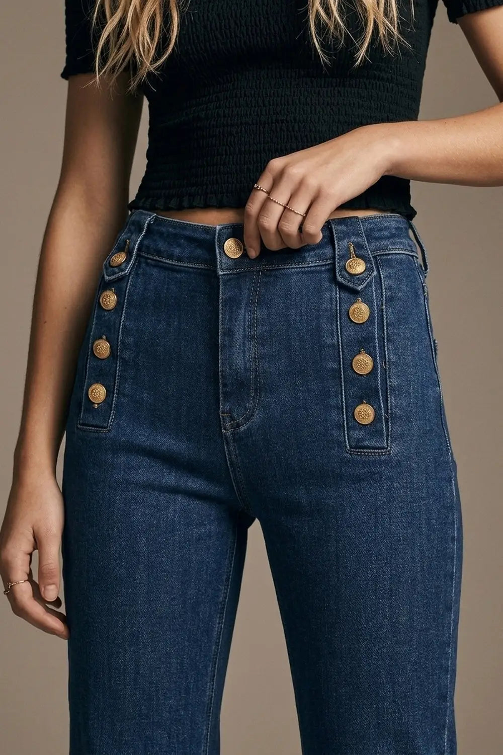 Marine Flare Jeans With Button Detailing in Mid wash