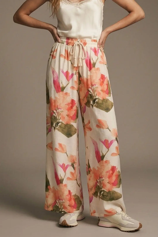 Cream Floral Print wide leg Pants with Elastic Waist - Pants