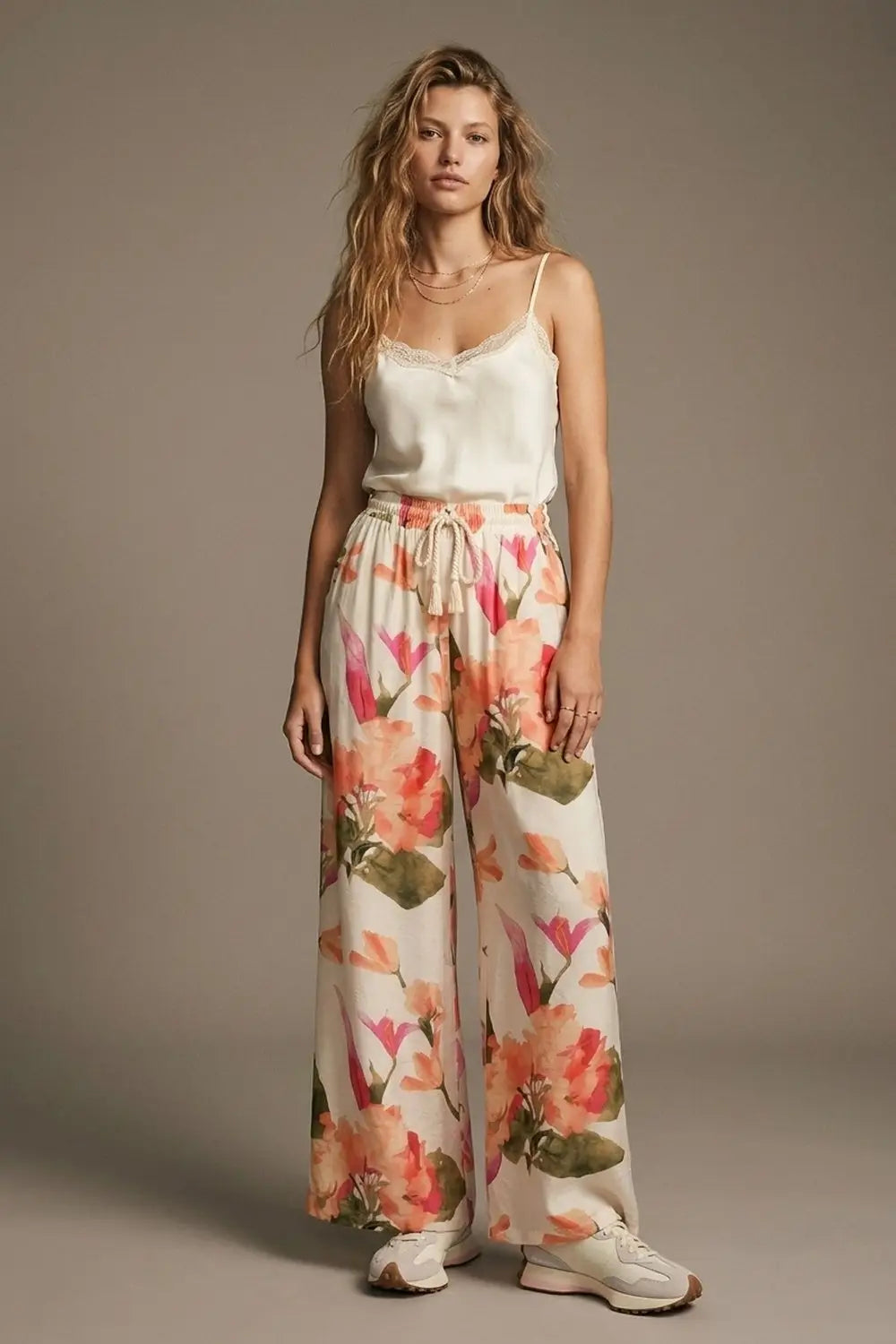 Cream Floral Print wide leg Pants with Elastic Waist - Pants