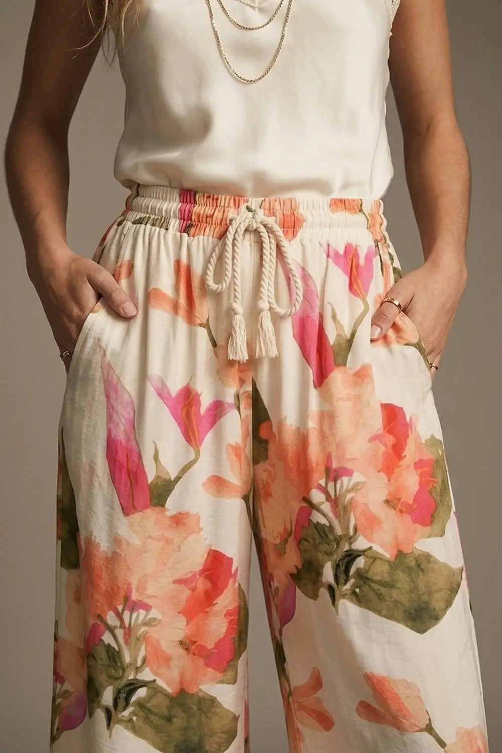 Cream Floral Print wide leg Pants with Elastic Waist - Pants