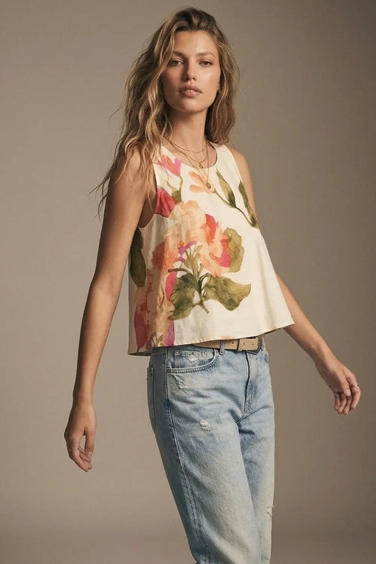 Cream Floral Print Sleeveless Top - Tops