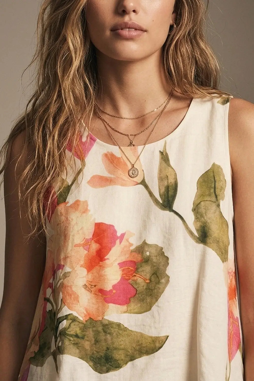 Cream Floral Print Sleeveless Top - Tops