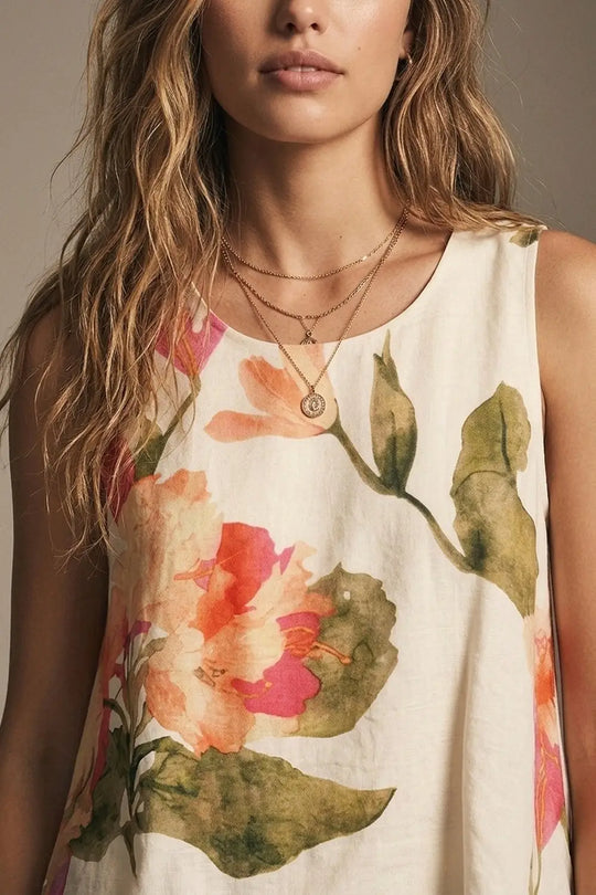 Cream Floral Print Sleeveless Top - Tops