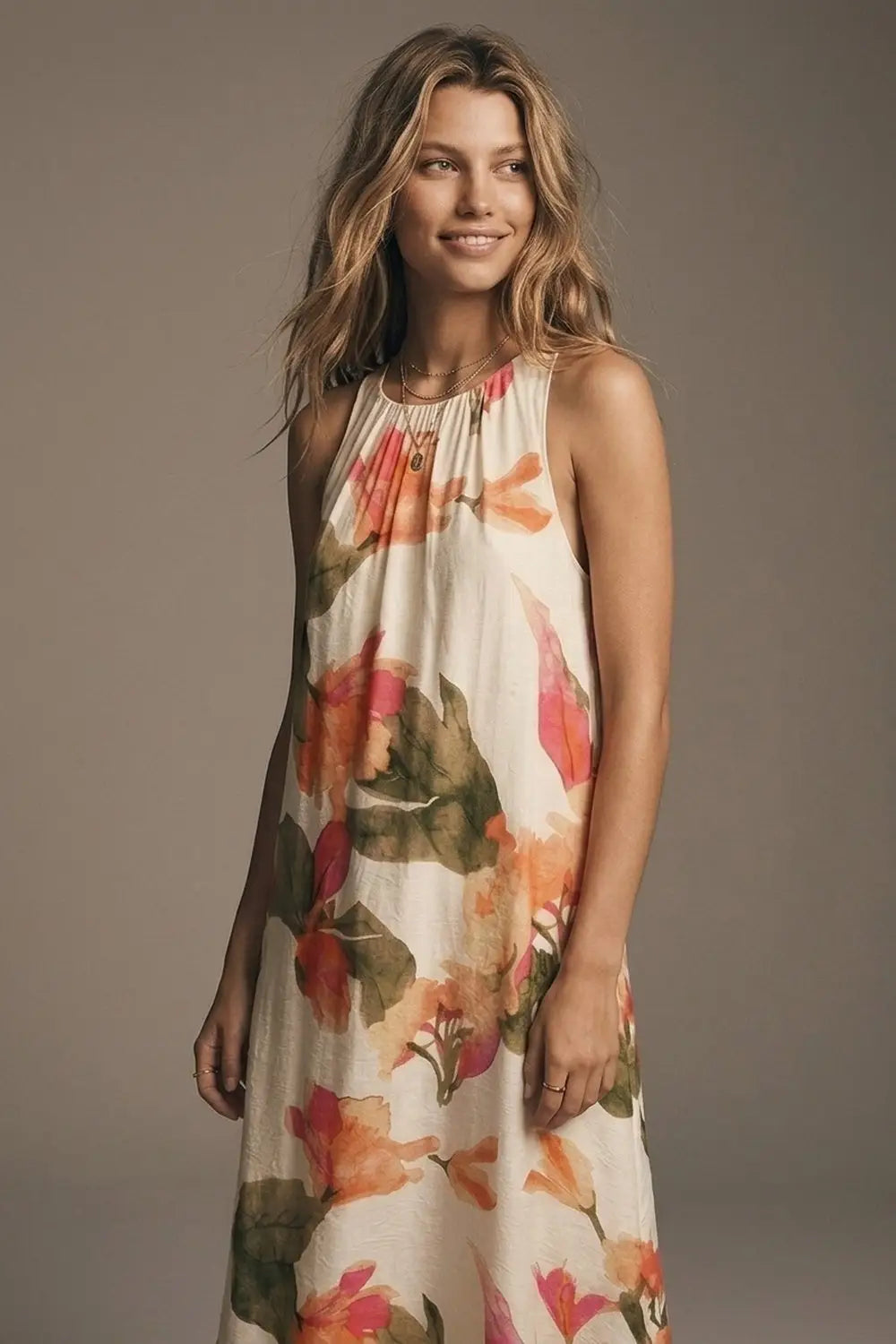 Sleeveless lightweight woven maxi dress with cream floral print relaxed fit - Dresses