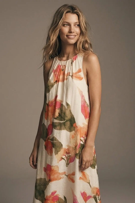 Sleeveless lightweight woven maxi dress with cream floral print relaxed fit - Dresses