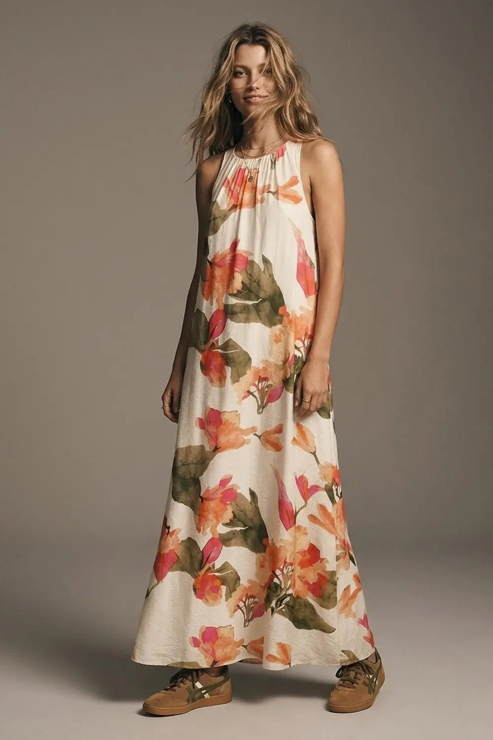 Sleeveless lightweight woven maxi dress with cream floral print relaxed fit - Dresses