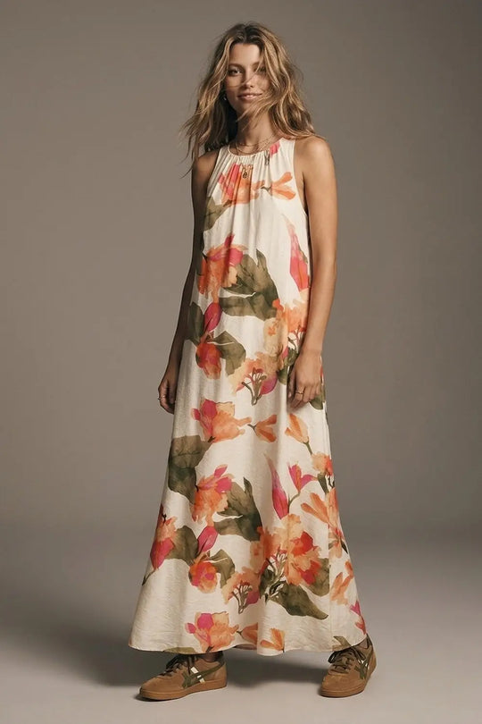 Sleeveless lightweight woven maxi dress with cream floral print relaxed fit - Dresses