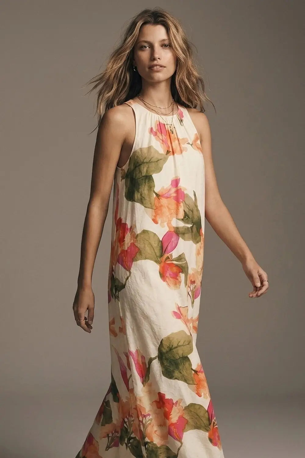 Sleeveless lightweight woven maxi dress with cream floral print relaxed fit - Dresses