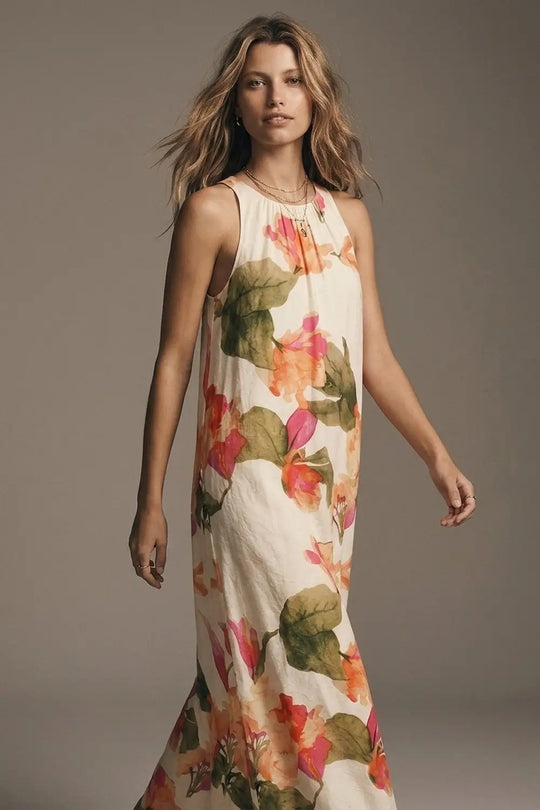 Sleeveless lightweight woven maxi dress with cream floral print relaxed fit - Dresses