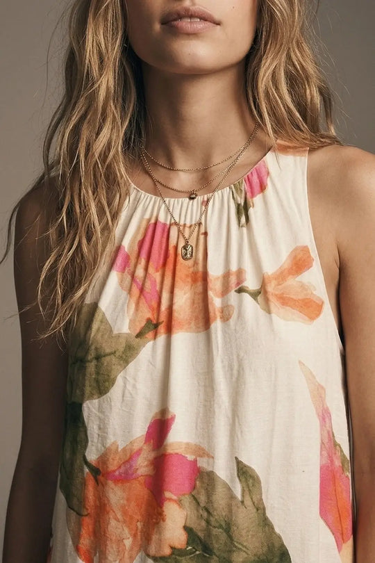 Sleeveless lightweight woven maxi dress with cream floral print relaxed fit - Dresses